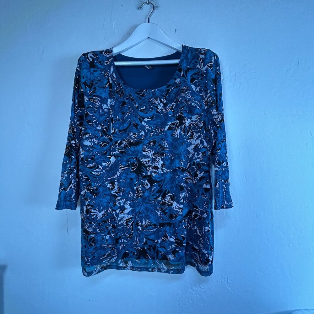 Alfani Womens Plus Size 3X Blue Black Floral Layered Tunic Top 3/4 Sleeve Casual
